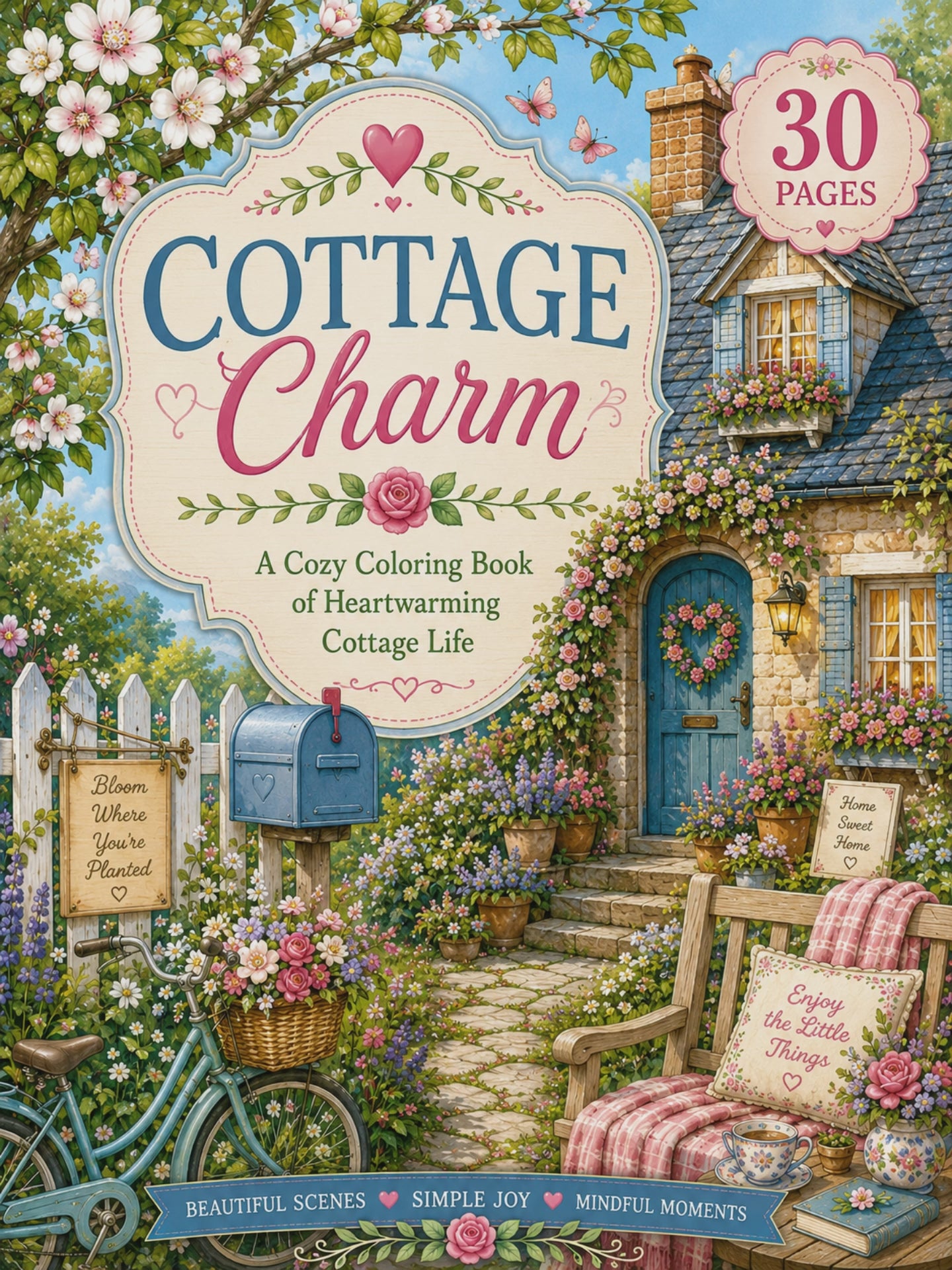 Cottage Charm – Digital Coloring Book – Digital Download – 30 Printable Coloring Pages (PDF)