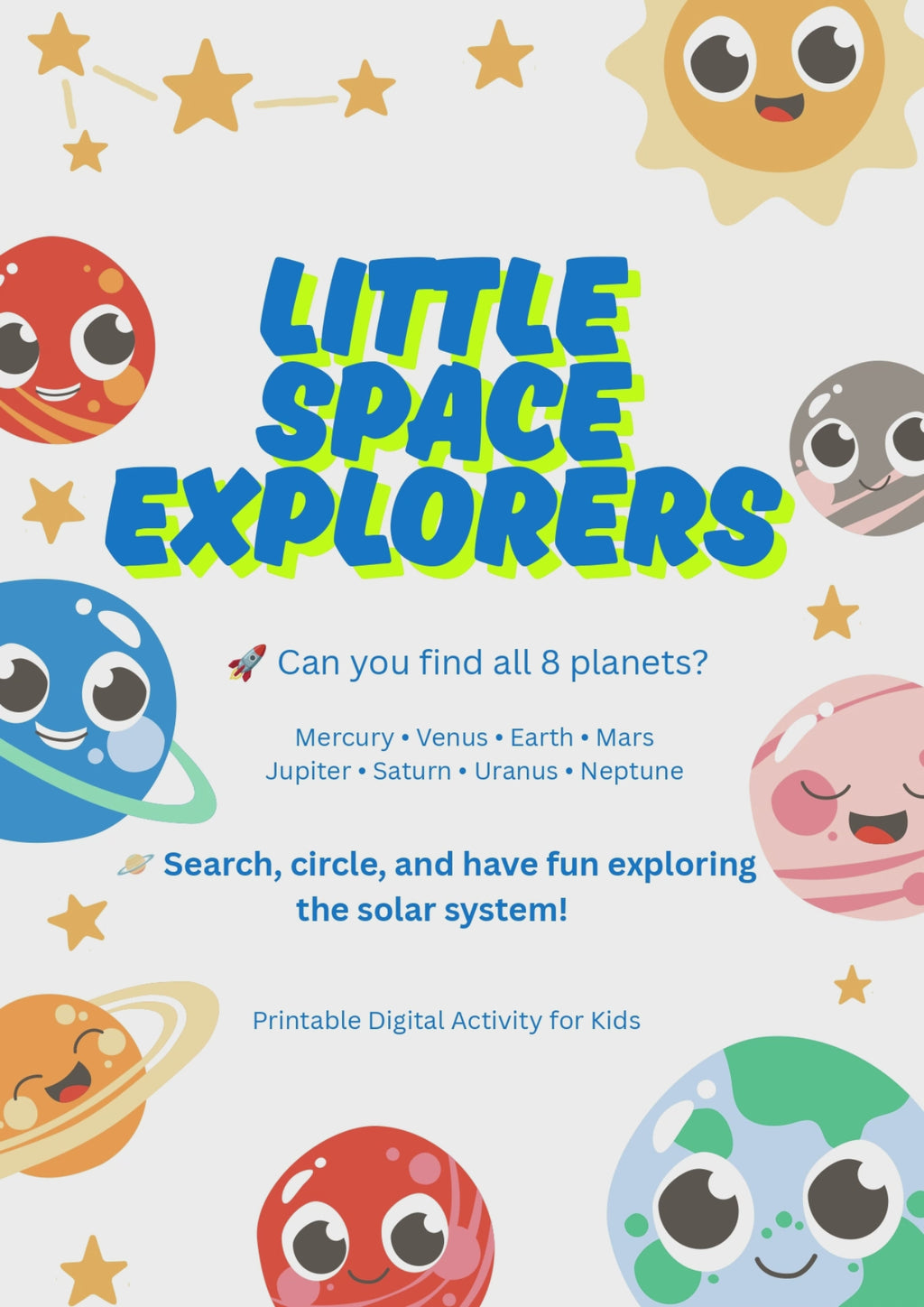 Little Space Explorers – Planets Word Search for Kids - Digital Pages (PDF)