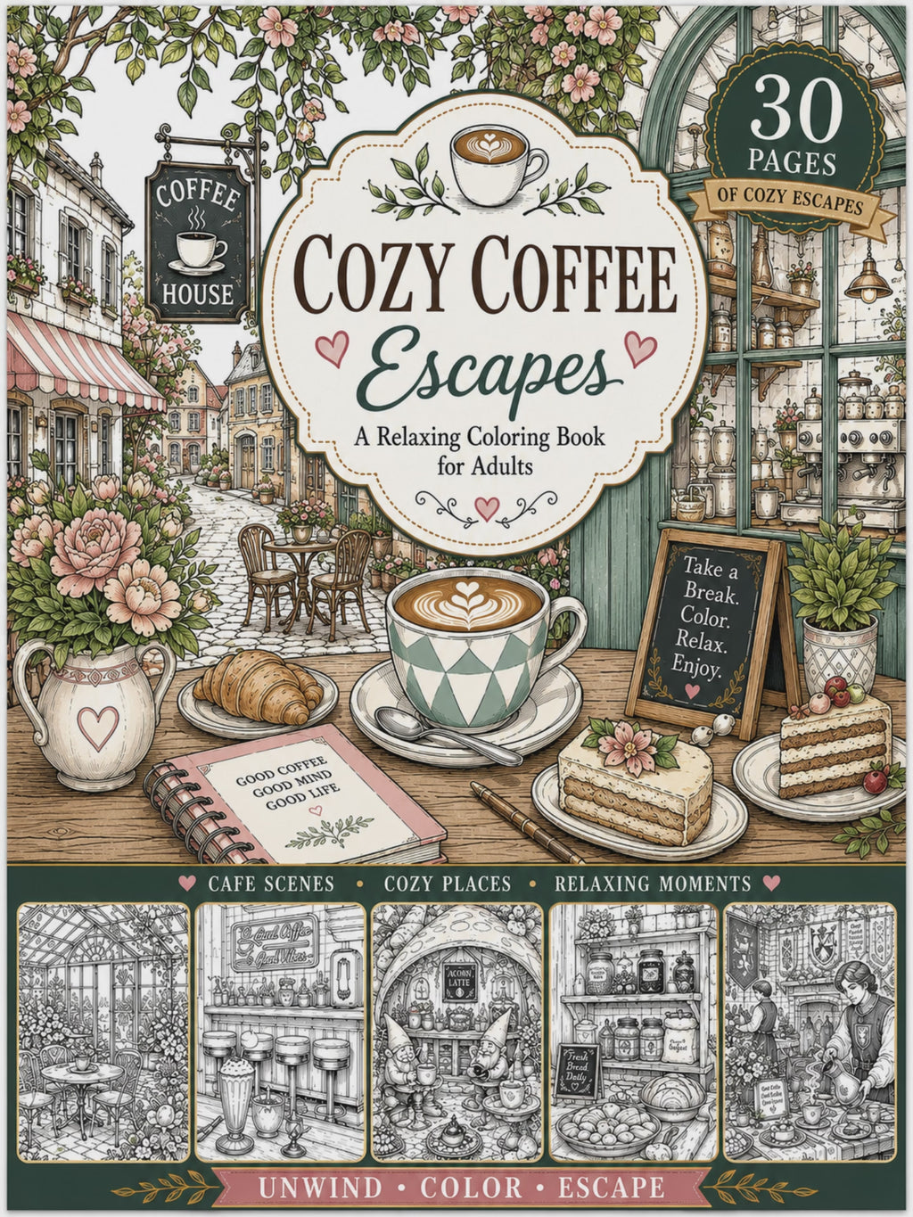 Cozy Coffee Escapes – Digital Download 30 Printable Coloring Page (PDF)