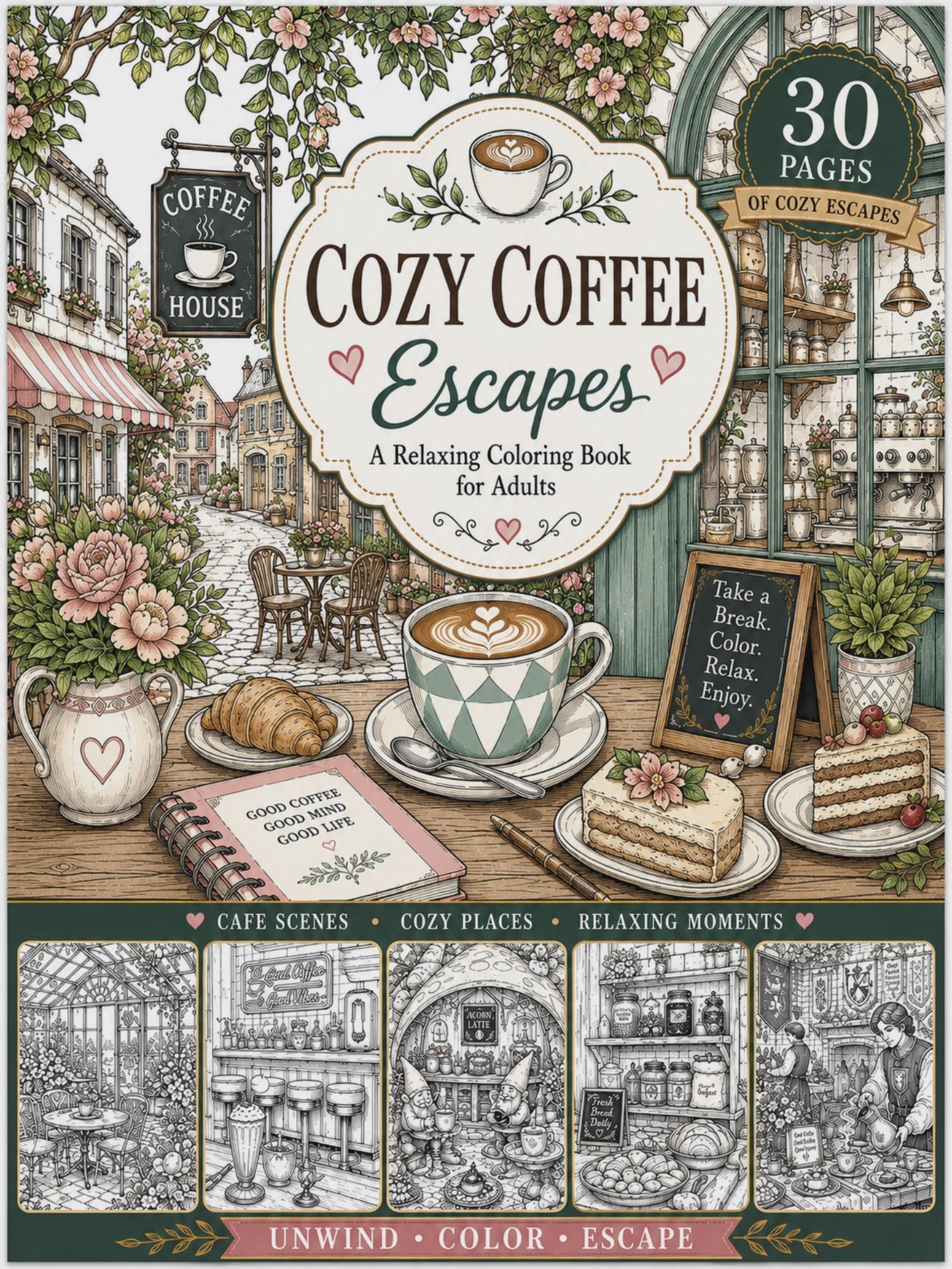 Cozy Coffee Escapes – Digital Download 30 Printable Coloring Page (PDF)