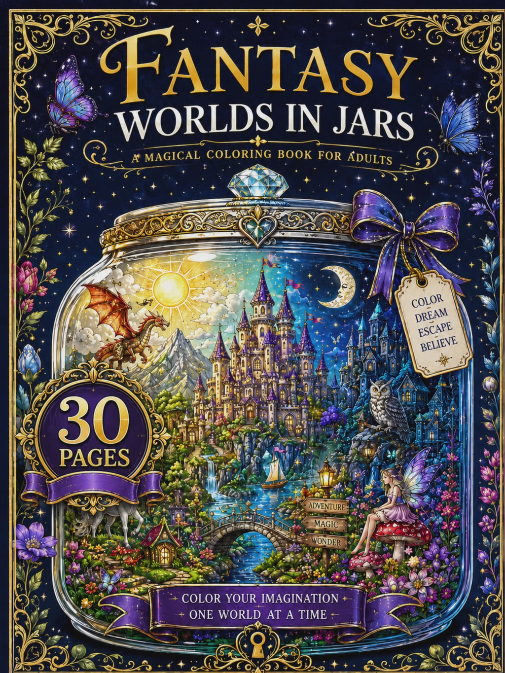 Fantasy Worlds in Jars Coloring Book - Digital Download – 30 Printable Coloring Pages (PDF)