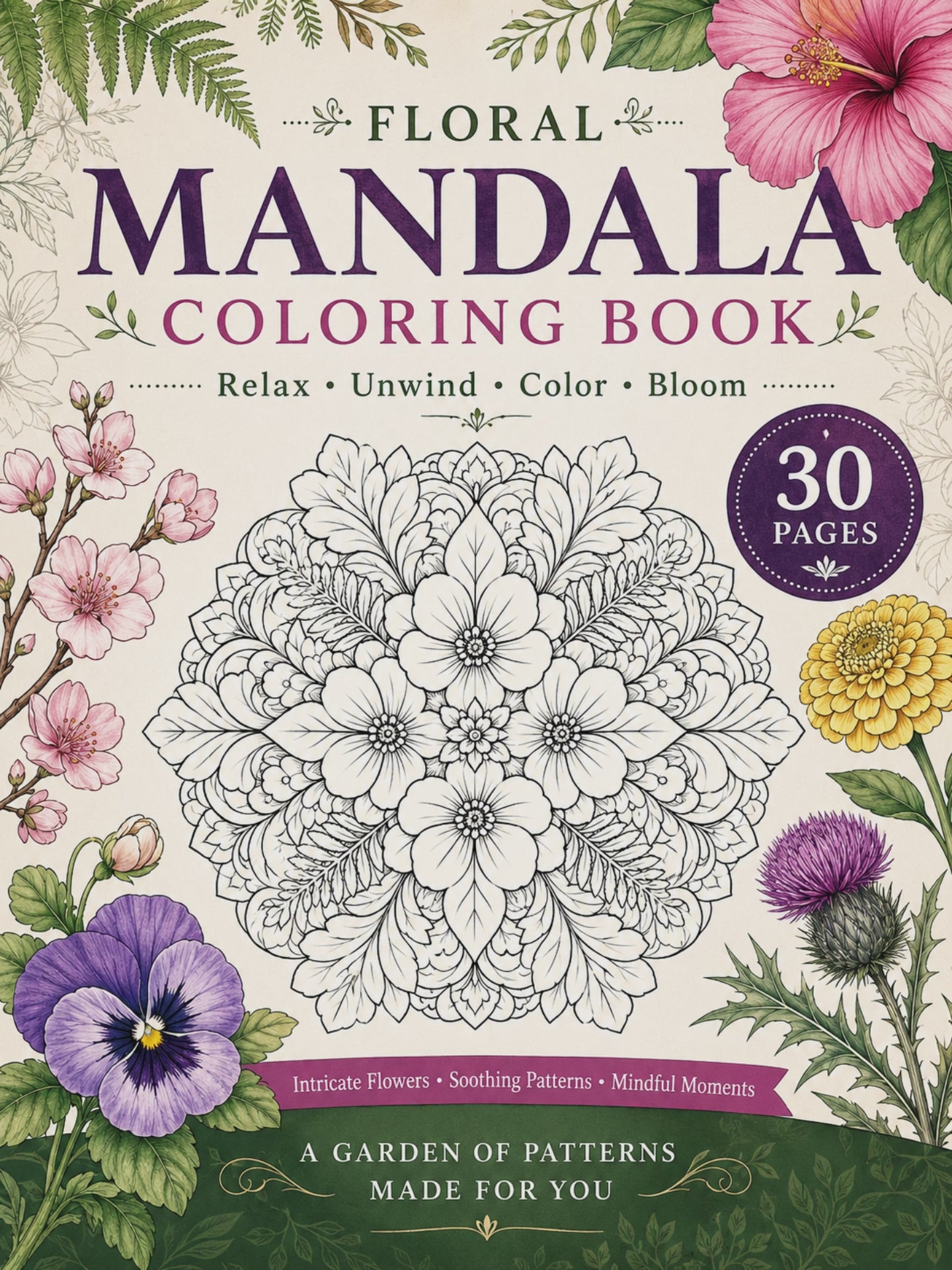 Floral Mandala Coloring Book – Digital Download – 30 Printable Coloring Pages (PDF)