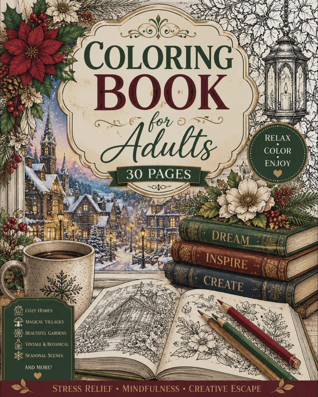Adult Coloring Book – Digital Download – 30 Printable Coloring Pages (PDF)