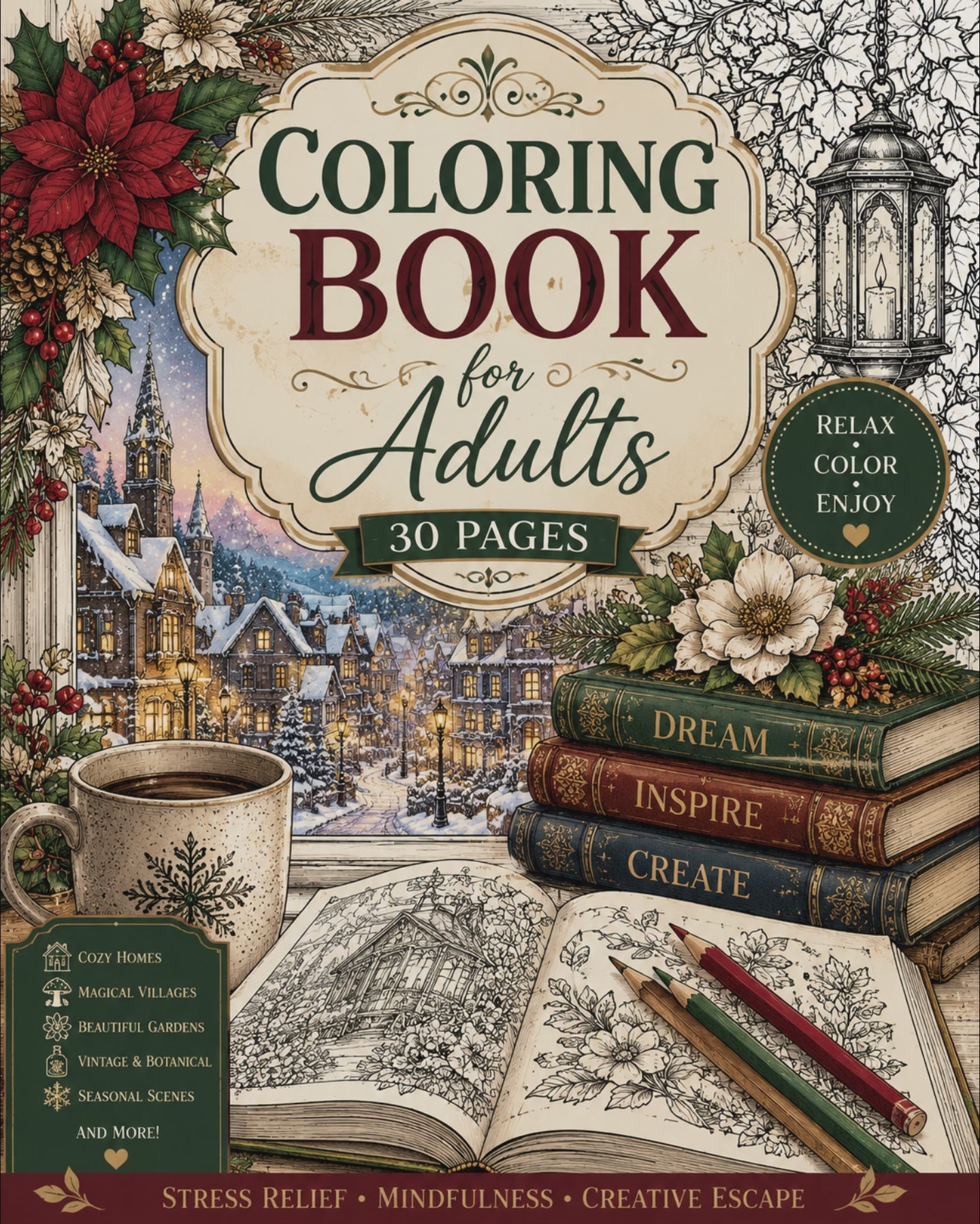Adult Coloring Book – Digital Download – 30 Printable Coloring Pages (PDF)