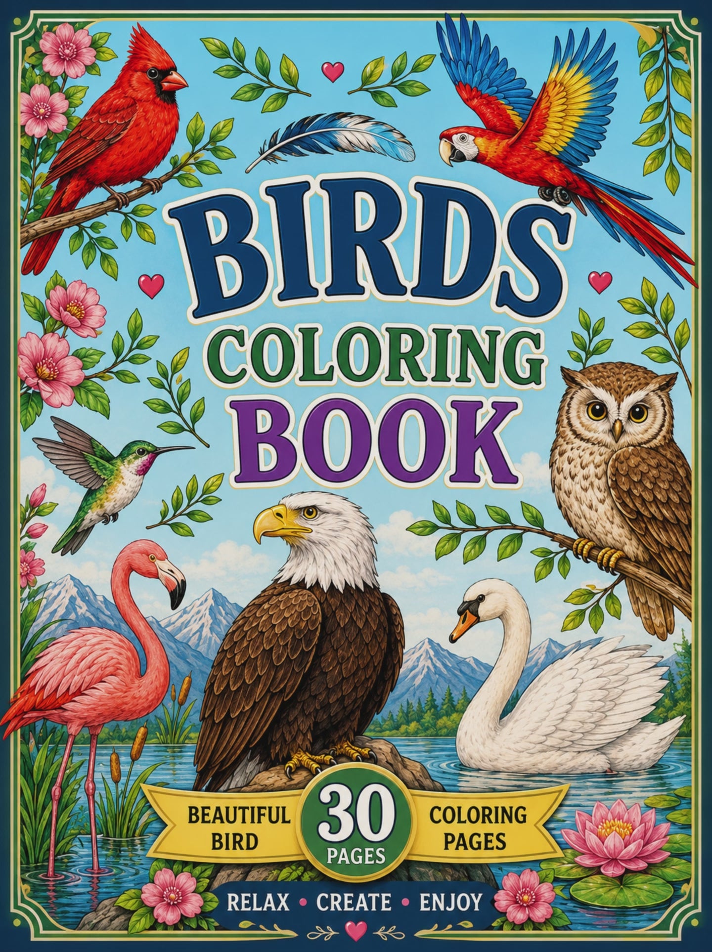 Birds Coloring Book - Digital Download 30 Printable Coloring Page (PDF)