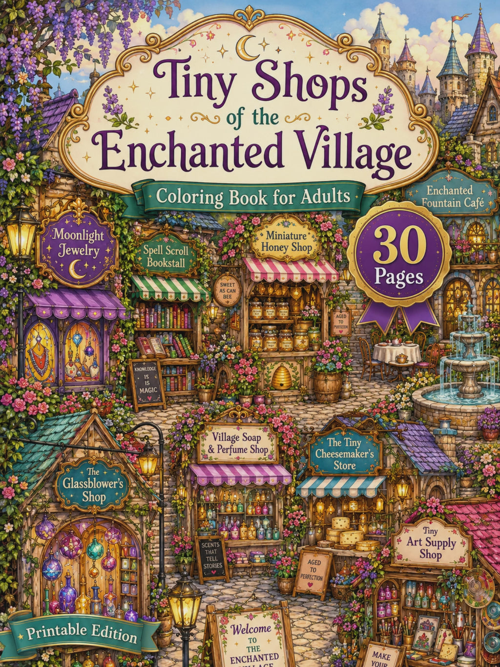 Tiny Shops of the Enchanted Village Coloring Book – Digital Download – 30 Printable Coloring Pages (PDF)
