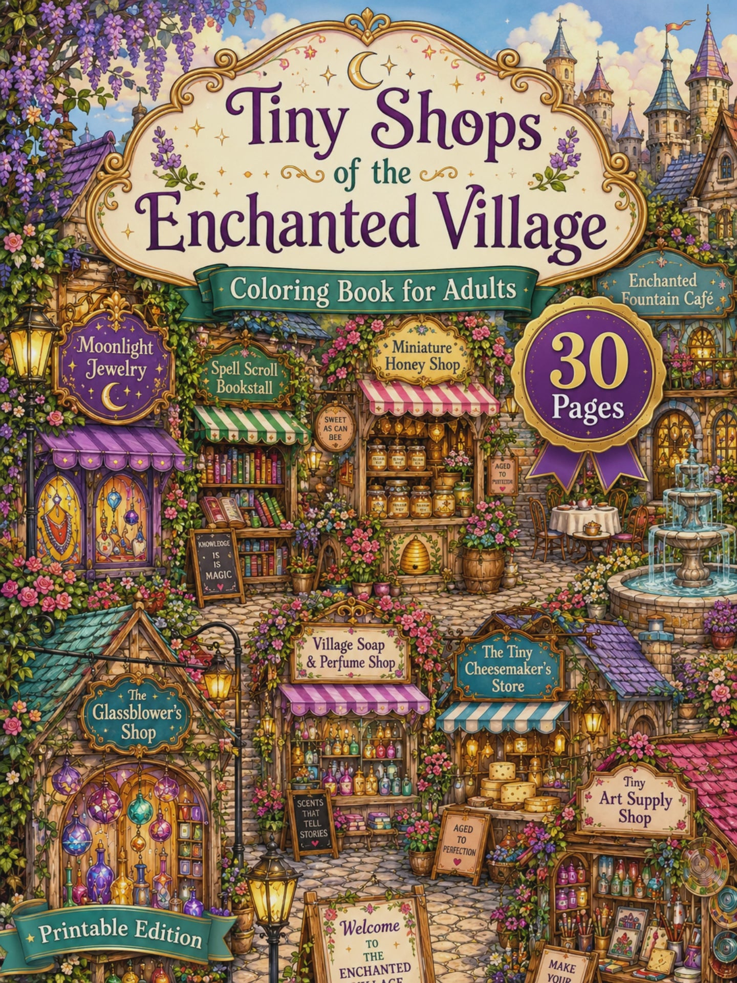 Tiny Shops of the Enchanted Village Coloring Book – Digital Download – 30 Printable Coloring Pages (PDF)
