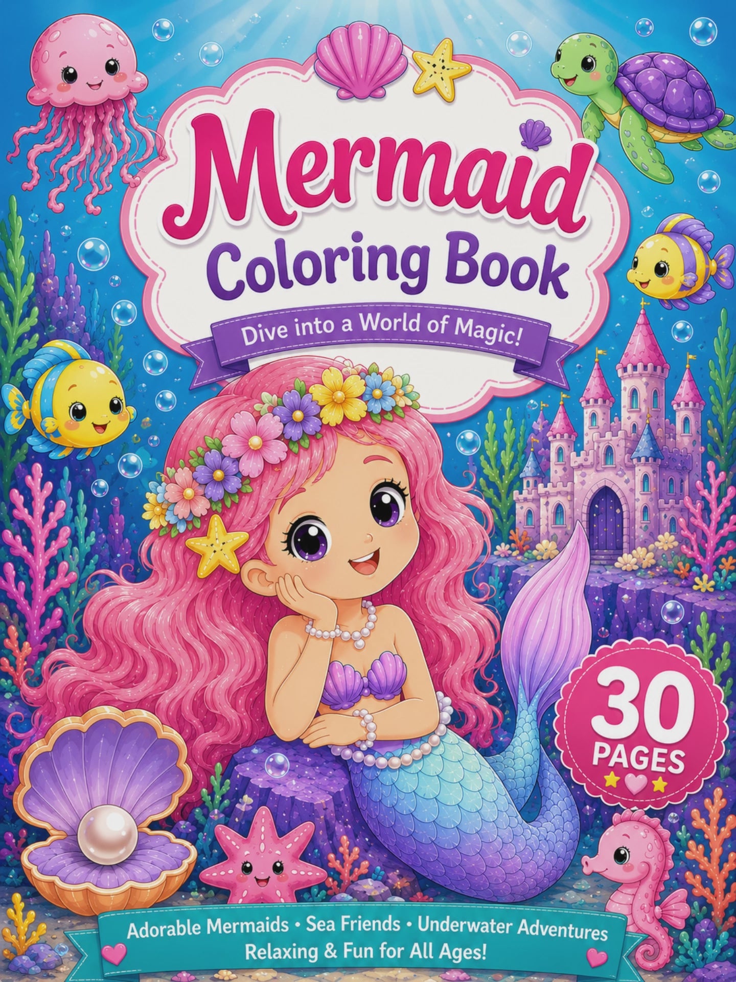 Mermaid Coloring Book – Digital Download – 30 Printable Coloring Pages (PDF)